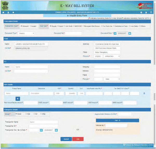 E Way Bill Oniine Generate Details