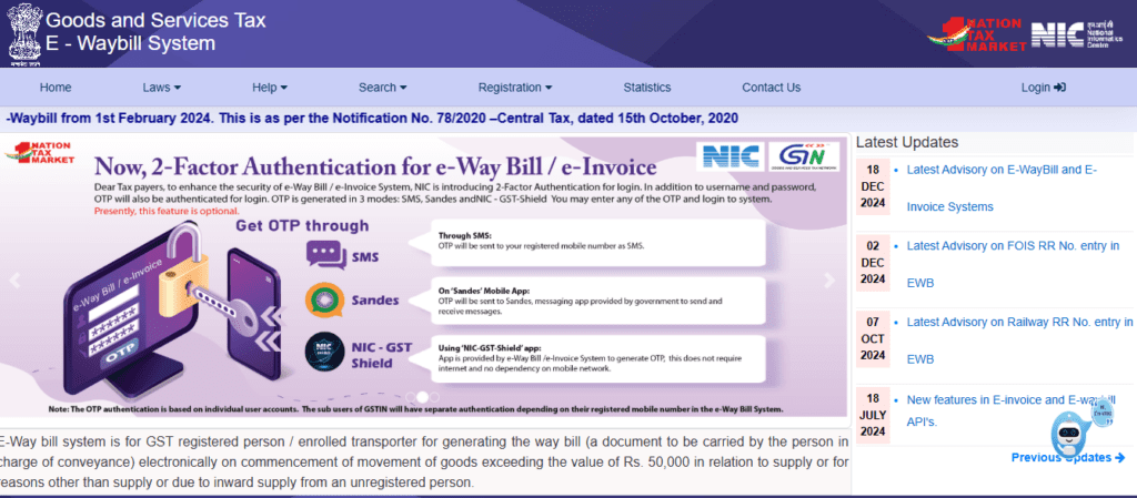 E way Bill Online Generate Home Page