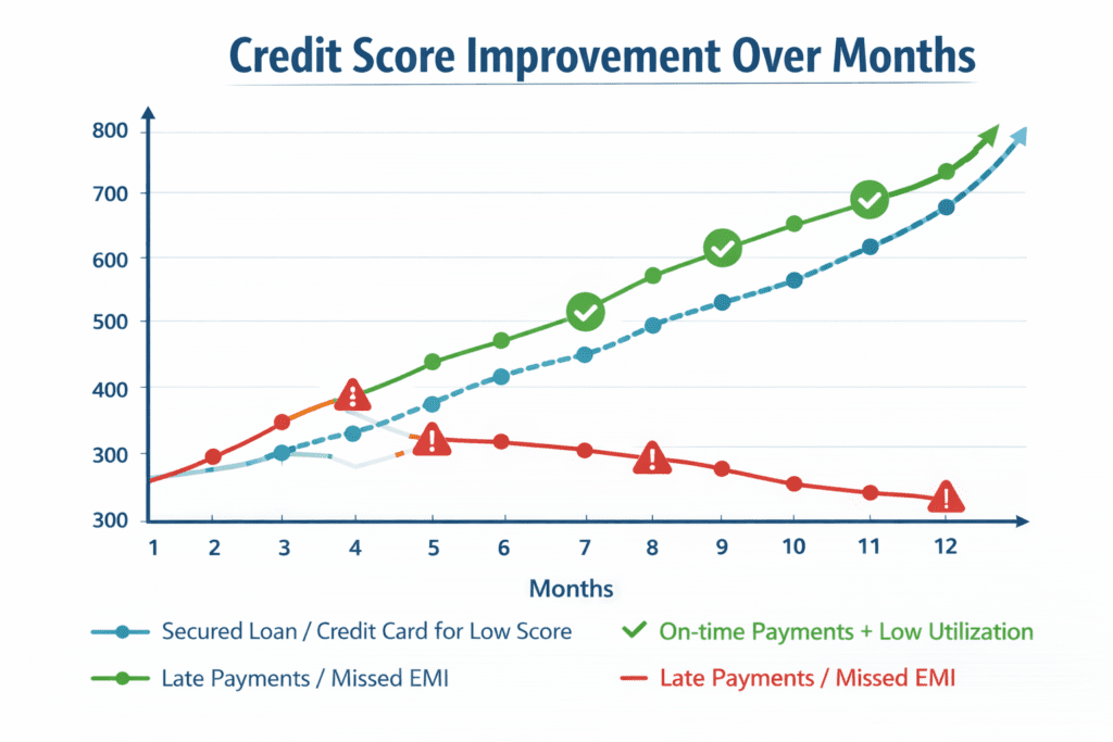 Credit Score improvement over months” वाला line chart Conclusion section